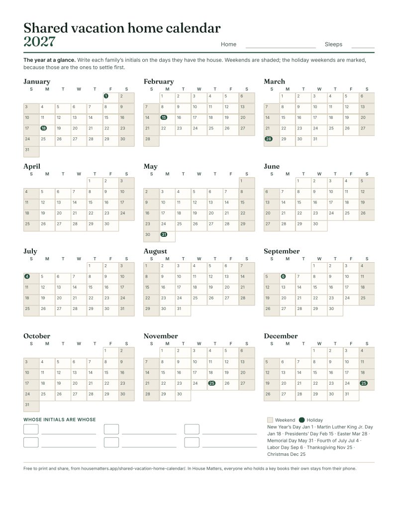 The 2027 shared vacation home calendar: twelve months with weekends shaded and holidays marked, and a key for each family’s initials